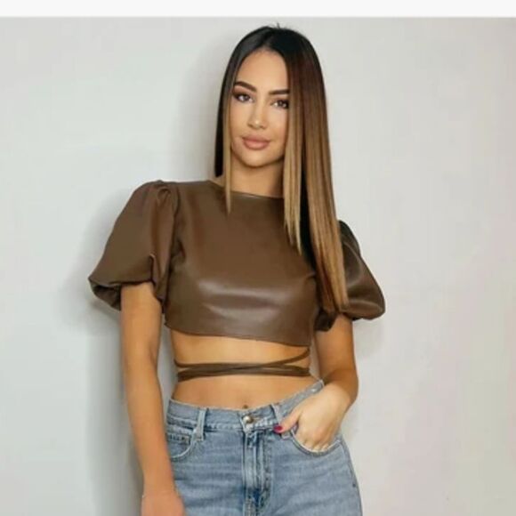 Kirious NWT Come Across It Faux Leather Crop Top, Puff Sleeves, Brown, M - Picture 7 of 11